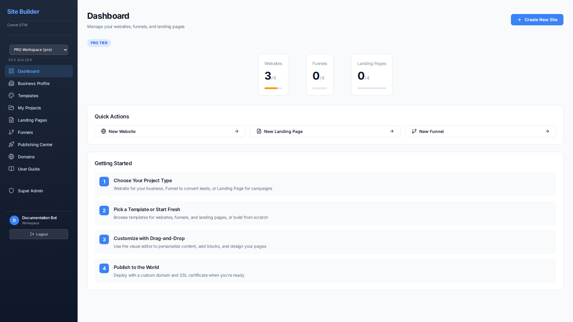 Comet GTM Site Builder Dashboard
